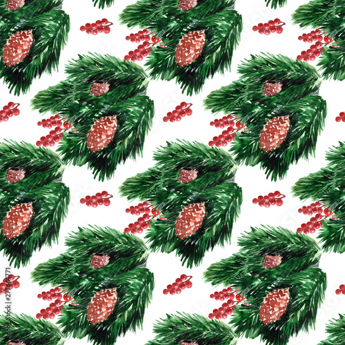 Watercolor Christmas background with spruce branches, sweets and berries