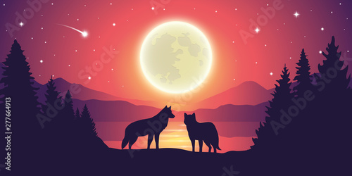 two wolves by the lake purple mountain landscape with full moon and starry sky vector illustration EPS10