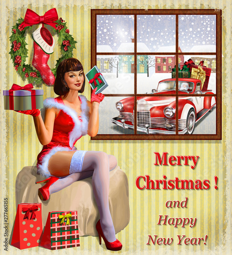 Christmas pin-up girl with gift box in hands.Vintage postcard.