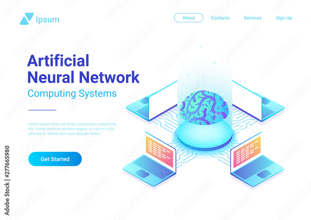 Fototapeta premium Isometric flat Artificial Intelligence Neural Networks future technology concept design. Digital Brain connected with computers. AI, ANN vector illustration.