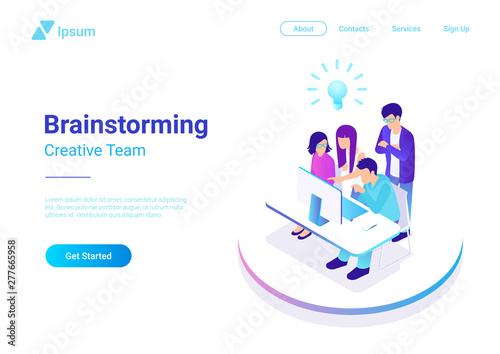 Brainstorming Creative Team people isometric flat 3d web concept. Advertising agency work process vector illustration. Teamwork around table laptop, chief, art director, designer, programmer.