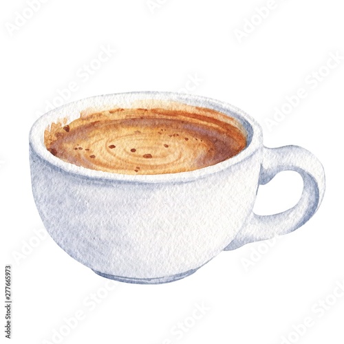 Watercolor white cup of coffee isolated on white background. Hand drawn illustration.