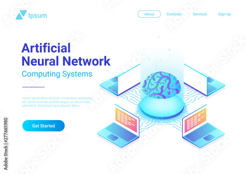 Isometric flat Artificial Intelligence Neural Networks future technology concept design. Digital Brain connected with computers. AI, ANN vector illustration.