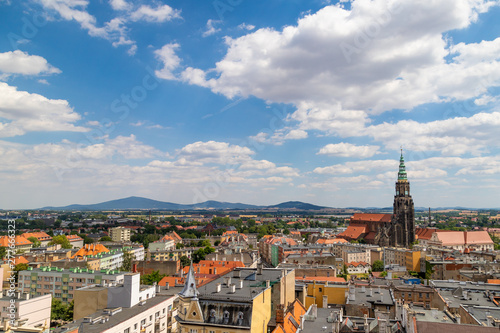 View on panorama of Swidnica (Poland) and Sleza Mountain
