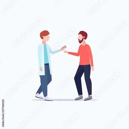male doctor giving antibiotics to male patient pharmacist offering pills medication healthcare medical consultation concept full length flat