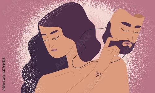 Transgender or transsexual woman holding mask with male face. Concept of person trying to define his or her own gender. Non-binary, genderqueer or genderfluid. Flat cartoon vector illustration. photo