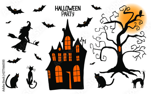 Halloween in doodling. Isolated set with evil bats  cats  a witch on a broom  an ominous castle and a gloomy tree with an owl. Can be used for wrapping paper  invitation  background  cards