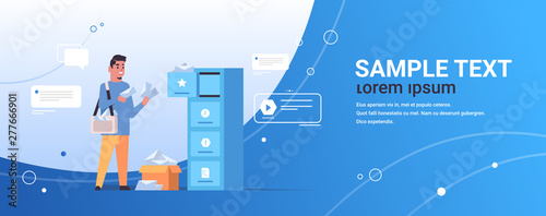 postman putting letter envelopes in mail box post delivery service concept flat full length horizontal copy space