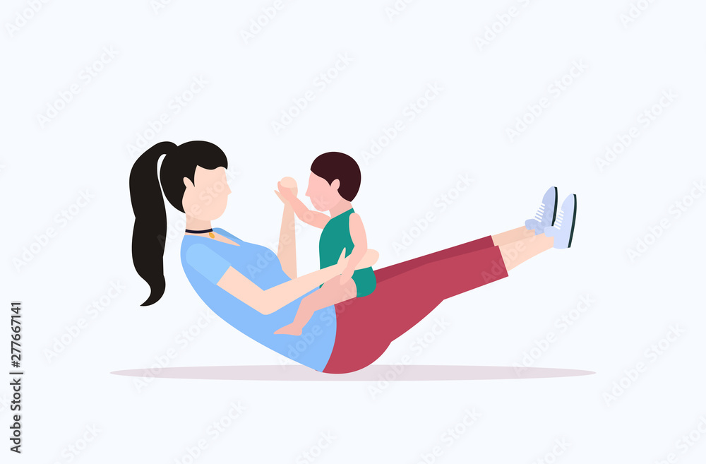 mother and kid doing physical exercise sportswoman engaged in fitness or yoga with baby son healthy lifestyle concept flat full length mother and kid doing physical exercise sportswoman engaged in fitness or yoga with baby son healthy lifestyle concept flat full length