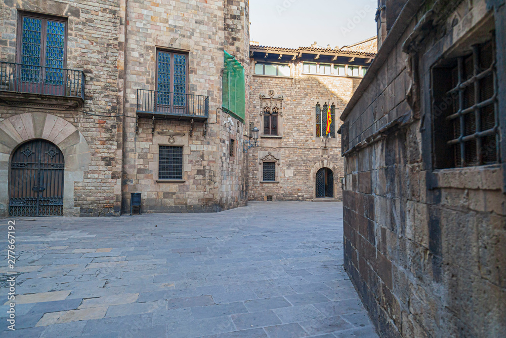 Barcelona, Ancient street in gothic quarter, medieval buildings, cathedral and casa dels canonges.