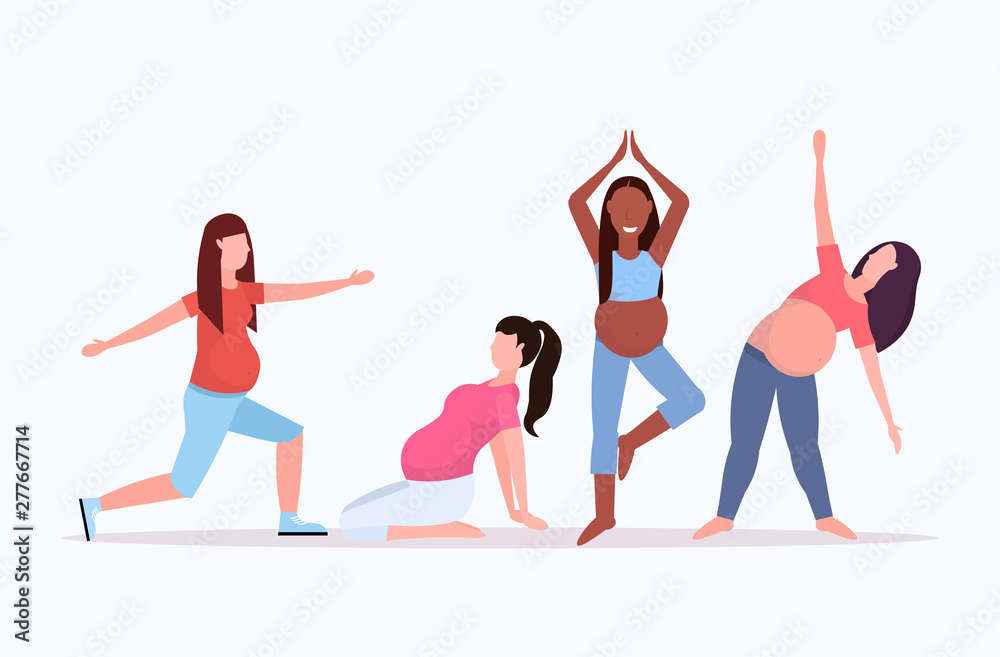 Fototapeta premium set pregnant woman doing stretching physical exercises mix race girls working out collection fitness pregnancy healthy lifestyle concept full length horizontal flat