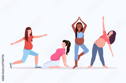 set pregnant woman doing stretching physical exercises mix race girls working out collection fitness pregnancy healthy lifestyle concept full length horizontal flat