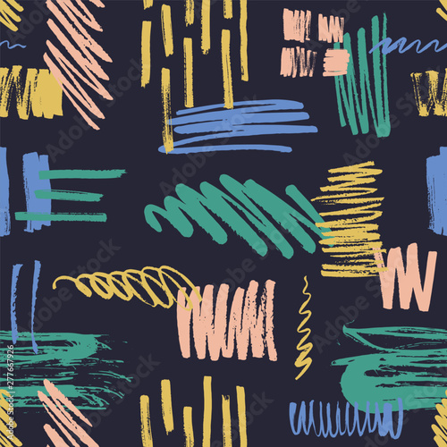 Abstract seamless pattern with colorful scribble, daub, paint traces and brus...