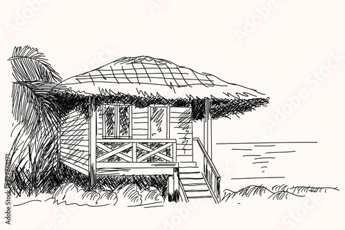 Old wooden hut with thatched roof on the beach. Hand sketch in vector.