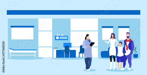 family with child visiting female doctor giving medical prescription for father mother and son patients healthcare consultation concept sketch doodle horizontal