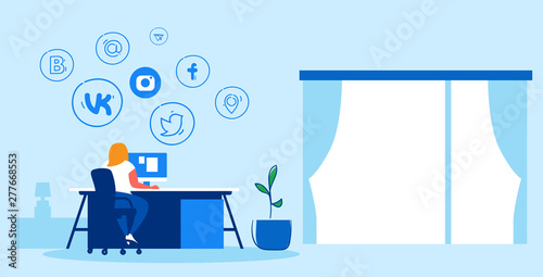 woman using computer application online social media networks communication concept girl sitting at workplace desk web site surfing internet community sketch horizontal