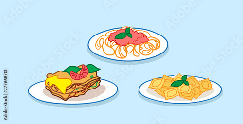 set spaghetti pasta lasagne with basil and tomato sauce restaurant italian food collection sketch doodle horizontal