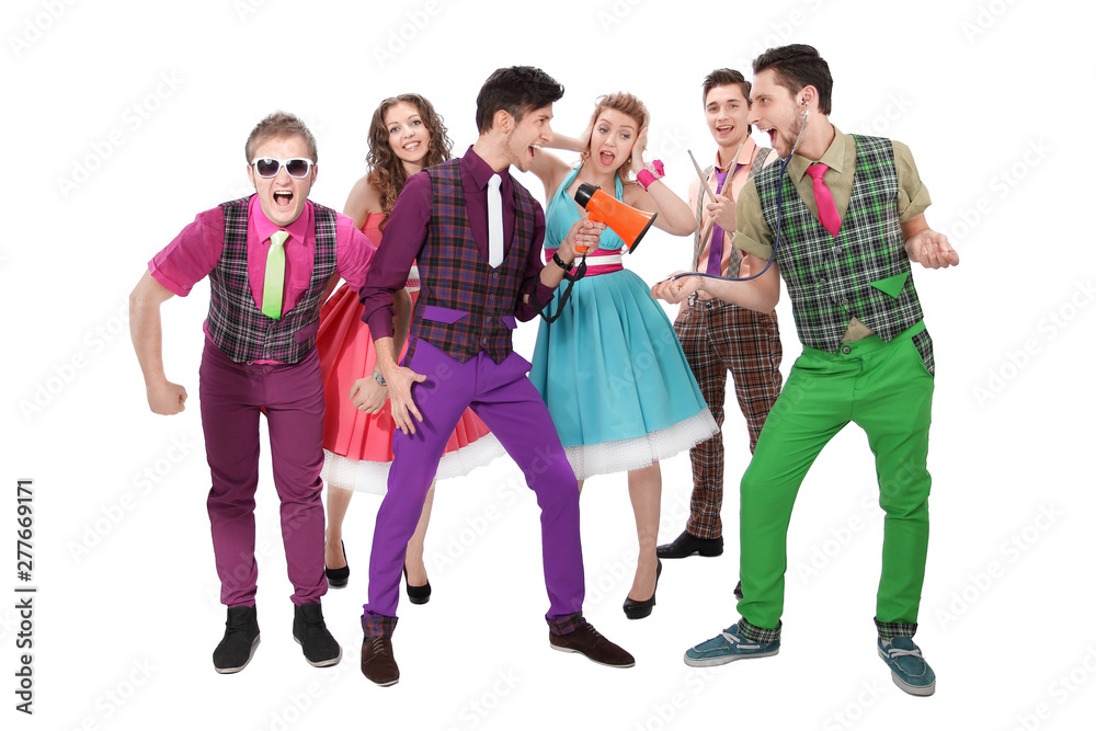 Fototapeta premium creative group of young performers with a megaphone