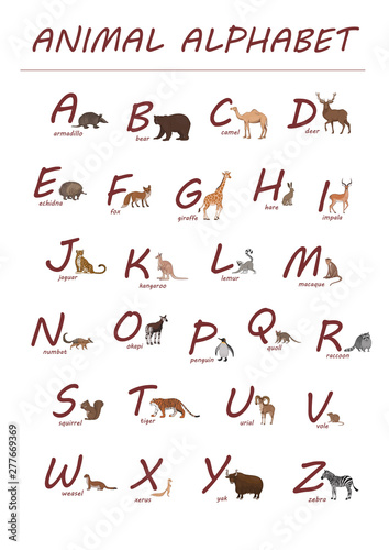 English alphabet. Red letters and hand drawn animals in cartoon style isolated on the white background.