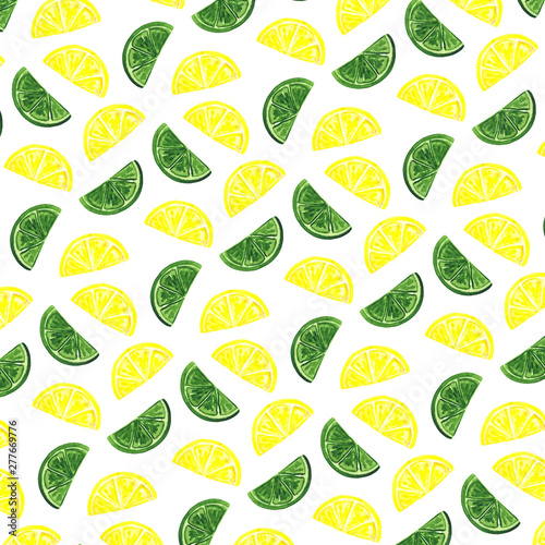 Fototapeta Naklejka Na Ścianę i Meble -  Watercolor illustration of sweet fruits. Hand drawn illustration. Seamless pattern. Lemon and lime