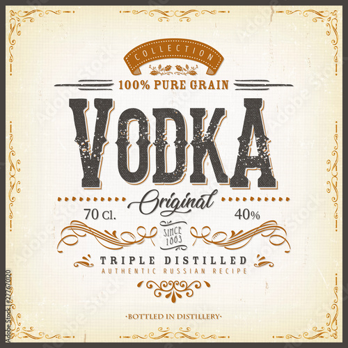 Vintage Vodka Label For Bottle/ Illustration of a vintage design elegant vodka label, with crafted lettering, specific 100% pure grain product mentions, textures and hand drawn patterns
