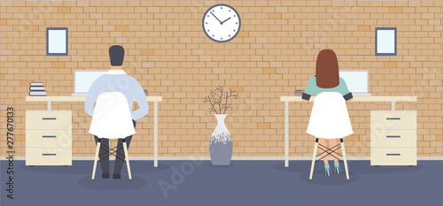 Loft-style office: the employees sitting back at the tables . Elegant interior with wall clock showing the time,paintings and vase with decorative branches.Vector illustration