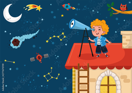 Science loving kid observes space on his roof with his telescope. Vector illustration.