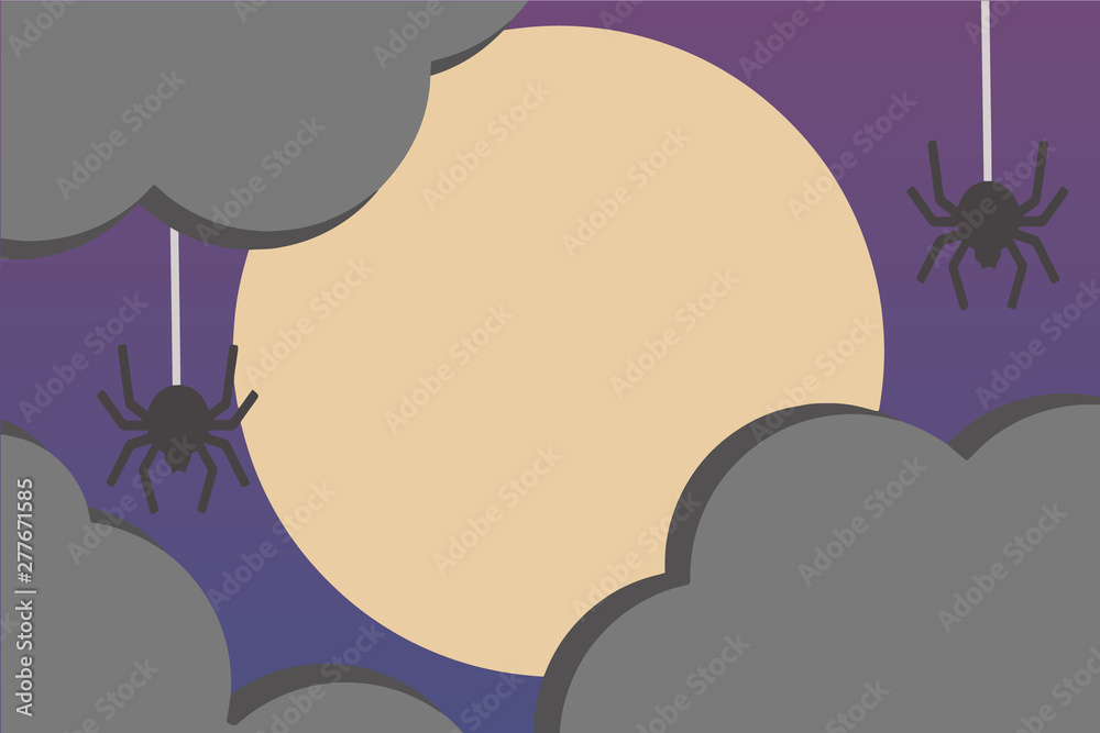 Cute simple Halloween cartoon style vector background with hanging spiders dimensional and clouds and full moon, illustration suitable for children Cute simple Halloween cartoon style vector background with hanging spiders dimensional and clouds and full moon, illustration suitable for children