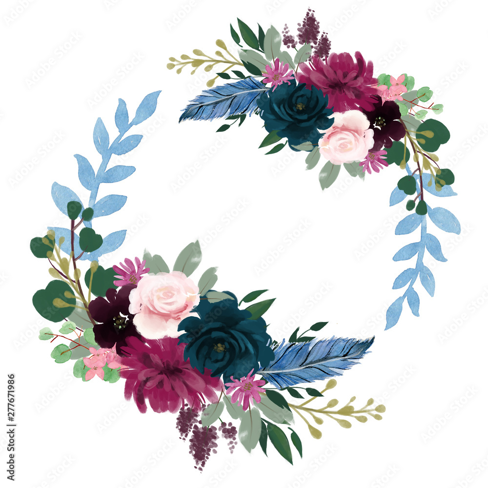 Watercolor Romantic Night floral composition Pink purple red and blue ...
