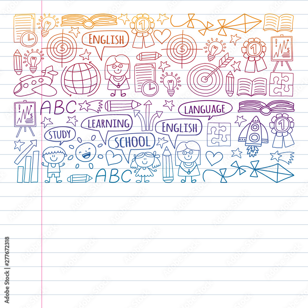 Vector set of learning English language, children's drawing icons in doodle style. Painted, colorful, pictures on a piece of paper on white background. Drawing on exercise notebook in gradient style. Vector set of learning English language, children's drawing icons in doodle style. Painted, colorful, pictures on a piece of paper on white background. Drawing on exercise notebook in gradient style.