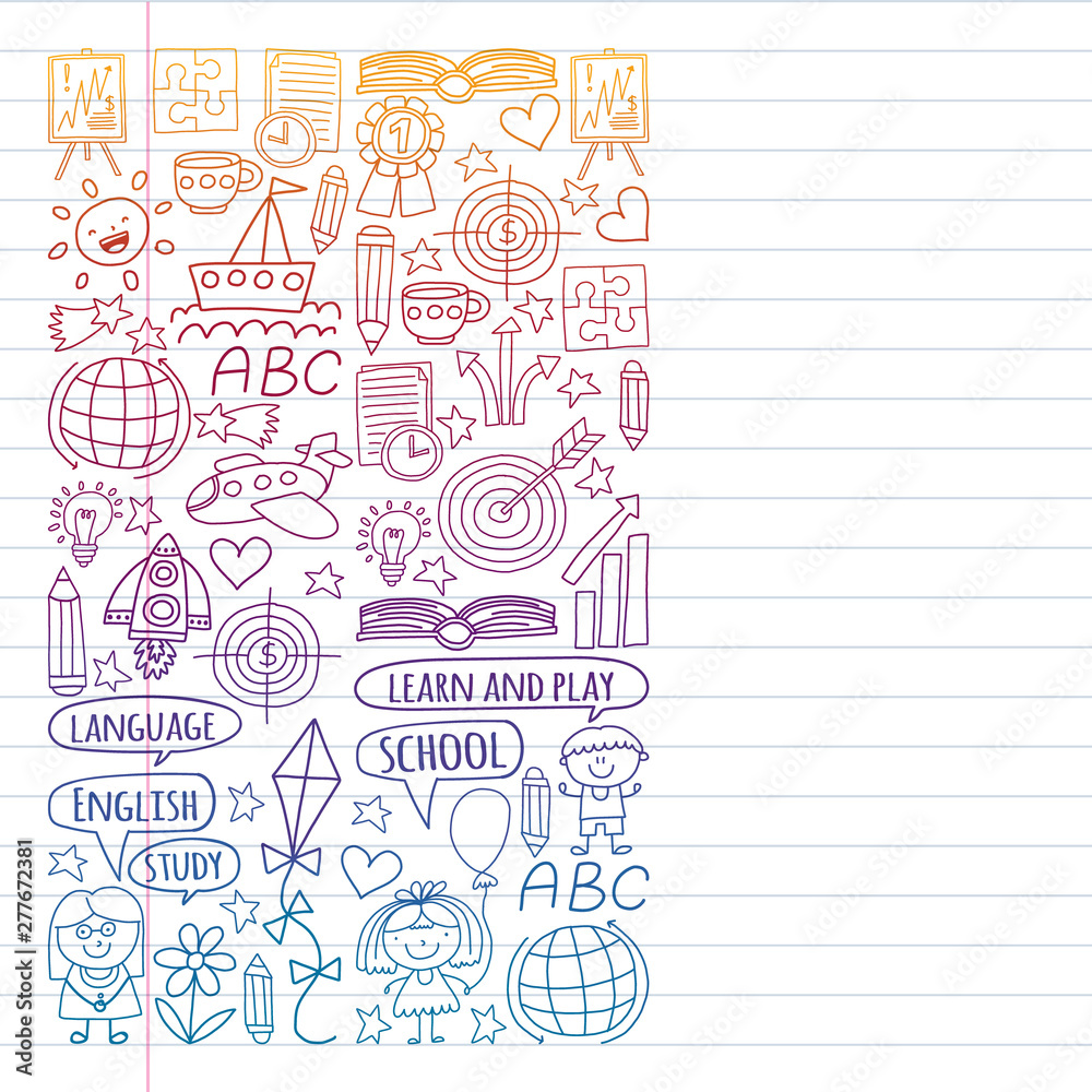 Vector set of learning English language, children's drawing icons in doodle style. Painted, colorful, pictures on a piece of paper on white background. Drawing on exercise notebook in gradient style.