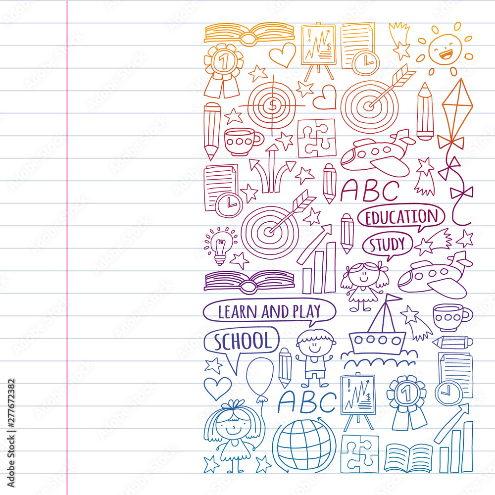Vector set of learning English language, children's drawing icons in doodle style. Painted, colorful, pictures on a piece of paper on white background. Drawing on exercise notebook in gradient style.