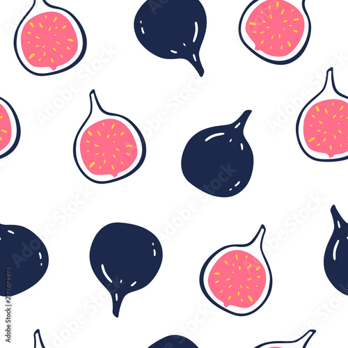 Seamless pattern with fresh figs whole and cut in half. Fig vector illustration isolated on white background.