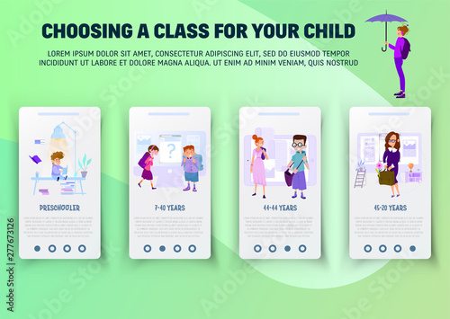 Concept of schoolwork for Website or Web Page. Children of different ages, Mobile App Page Onboard Screen Set Cartoon Flat Vector Illustration
