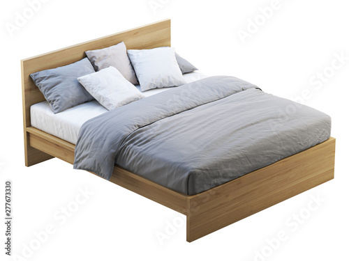 Wooden double bed with storage. 3d render