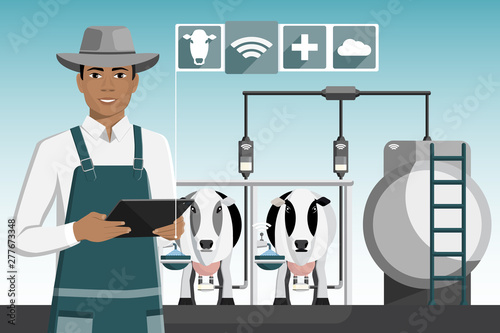 Modern black african american farmer with tablet on a dairy farm. Smart farming. Vector illustration EPS 10