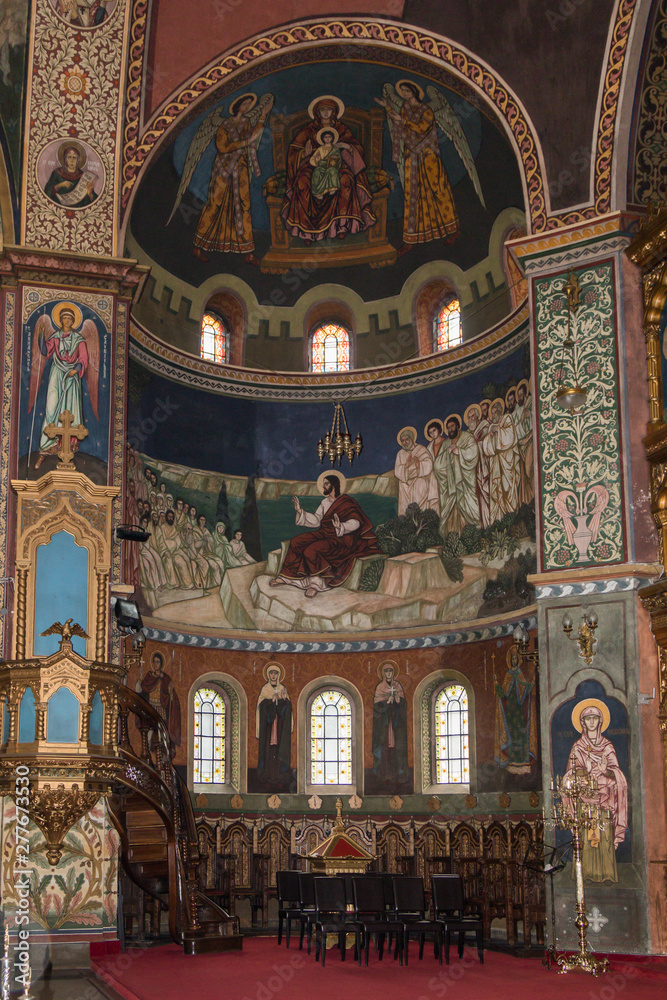 Painting on the walls of Holy Trinity Cathedral. Sibiu city in Romania