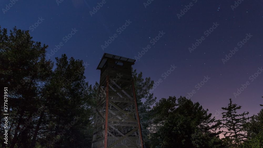 View  at night on an abandoned guard tower standing in the forest of Hanita on the border with Lebanon since the War of Independence of Israel