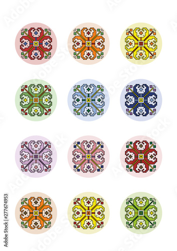 Digital Collage Sheet Circles Pixel Art Motif Shevitsa Rainbow, 12 Unique Designs, Bottle Cap, Icons, Isolated on White Background