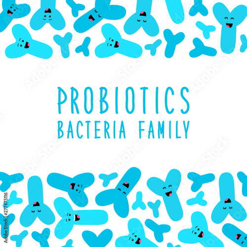 Funny probiotics bacteria family background isolated on white, gut and intestinal flora, set in flat style
