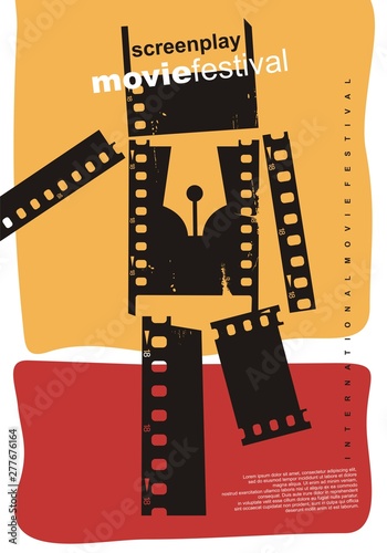 Screenplay film festival abstract poster design. Artistic flyer concept for movie event with figure made from film strips. Cinema vector illustration.