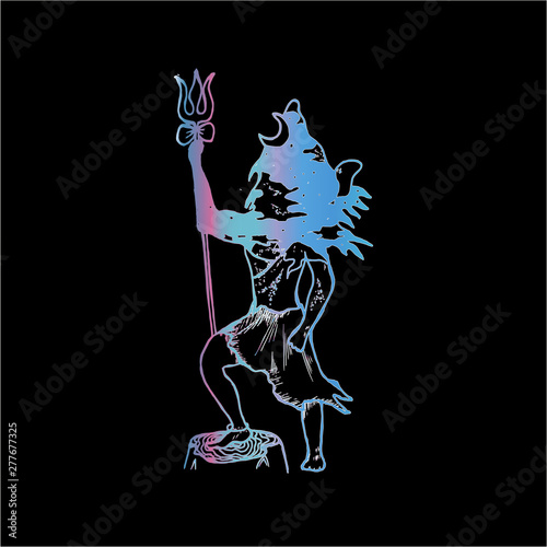Color illustration of Lord Shiva in a warlike pose. Double exposure, mountains, god.
