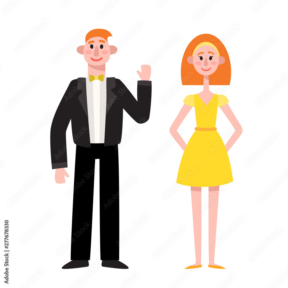 Standing man and woman in evening outfit isolated on white.