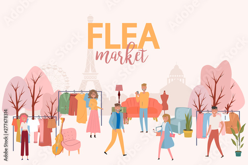 Flea market poster with people selling and shopping at walking street, vintage clothes and accessories shop on Paris background, cartoon flat design. Editable vector illustration