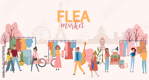 Flea market poster with people selling and shopping at walking street, vintage clothes and accessories shop on Paris background, cartoon flat design. Editable vector illustration