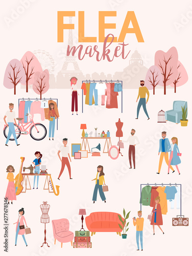 Flea market poster with people selling and shopping at walking street  vintage clothes and accessories shop on Paris background  cartoon flat design. Editable vector illustration