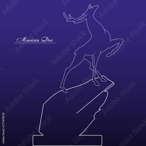 Designer white drawing of a young deer on a high hill, on a dark blue background