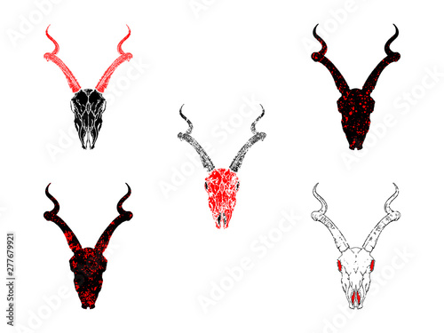 Vector set of hand drawn skulls doe with grunge elements in different versions on a white background. I