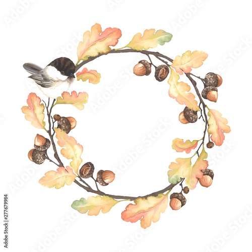 Autumn wreath with bird Black-capped Chickadee, acorns, oak branches and leaves. Vector illustration in vintage watercolor style.
