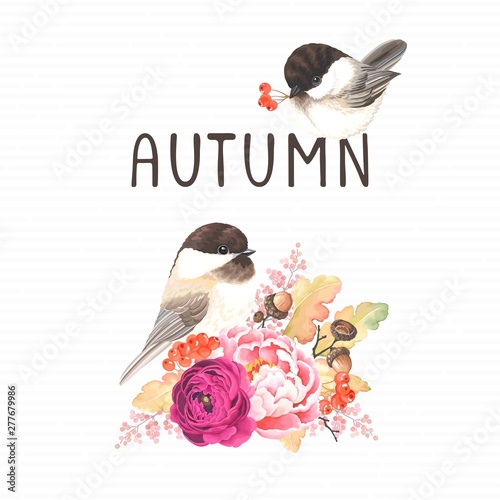 Autumn card with birds Chickadee and flowers ranunculus, peony, branches oak and acorns, rowan. Vector floral illustration.